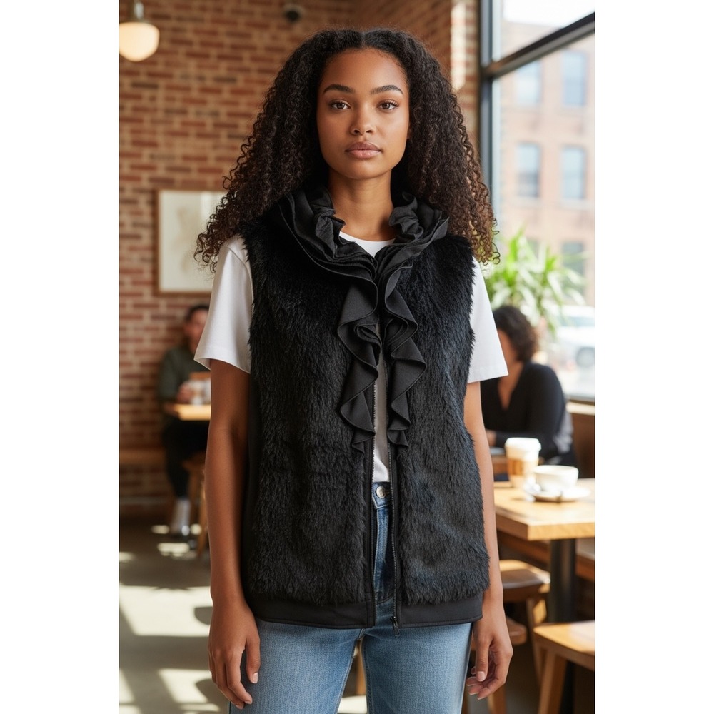 NWT T Tahari Black Faux Fur Ruffle Collar‎ Vest Women's Size Large MSRP: $129